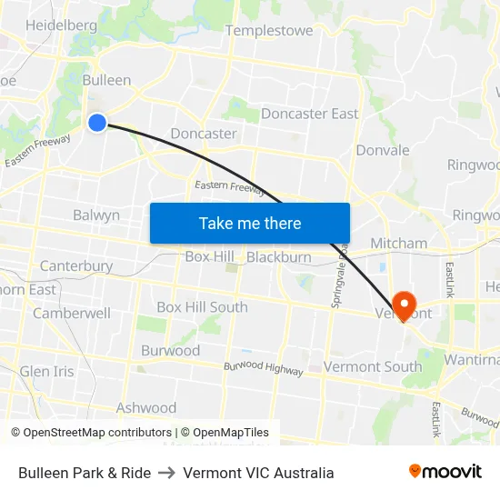 Bulleen Park & Ride to Vermont VIC Australia map