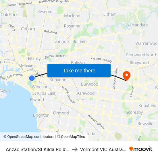Anzac Station/St Kilda Rd #20 to Vermont VIC Australia map