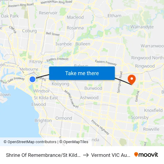 Shrine Of Remembrance/St Kilda Rd #19 to Vermont VIC Australia map
