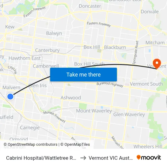 Cabrini Hospital/Wattletree Rd #47 to Vermont VIC Australia map