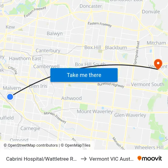 Cabrini Hospital/Wattletree Rd #47 to Vermont VIC Australia map