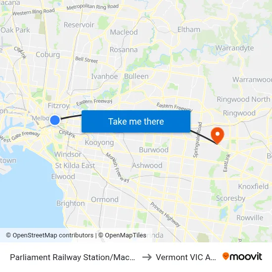 Parliament Railway Station/Macarthur St #10 to Vermont VIC Australia map