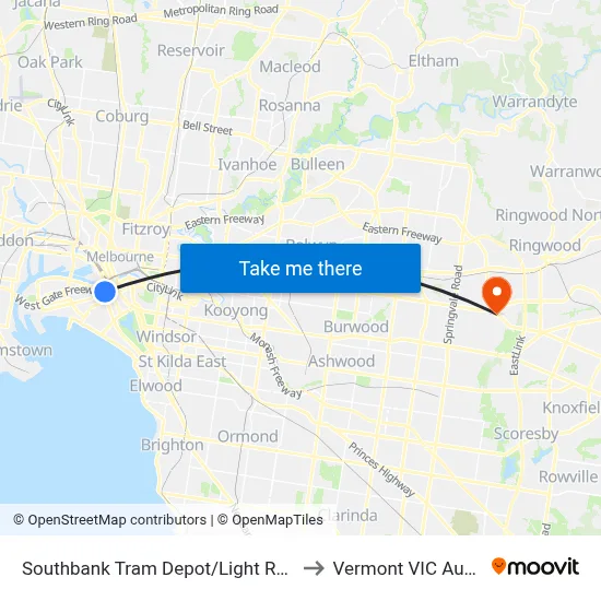 Southbank Tram Depot/Light Rail #125a to Vermont VIC Australia map