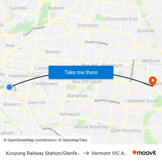 Kooyong Railway Station/Glenferrie Rd #65 to Vermont VIC Australia map