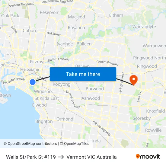 Wells St/Park St #119 to Vermont VIC Australia map