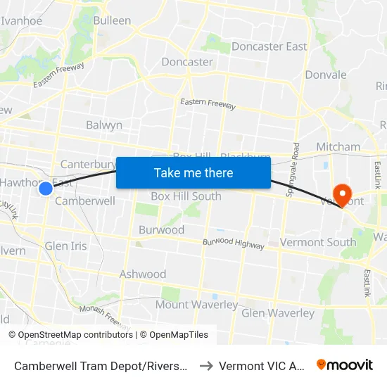 Camberwell Tram Depot/Riversdale Rd #39 to Vermont VIC Australia map