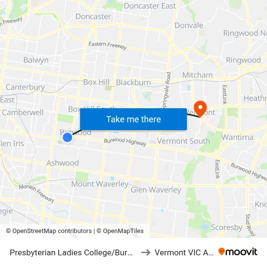 Presbyterian Ladies College/Burwood Hwy #61 to Vermont VIC Australia map