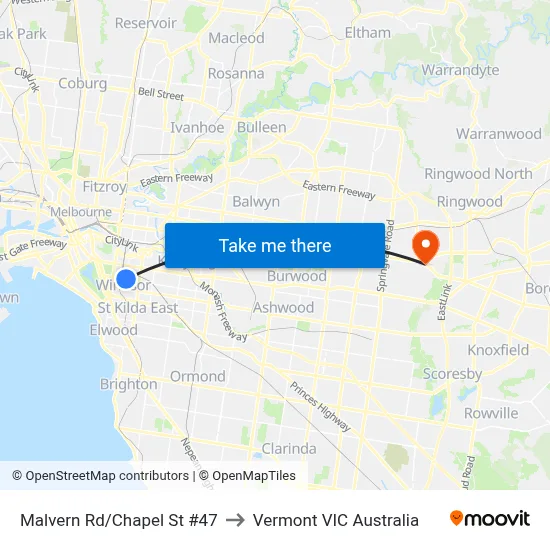 Malvern Rd/Chapel St #47 to Vermont VIC Australia map