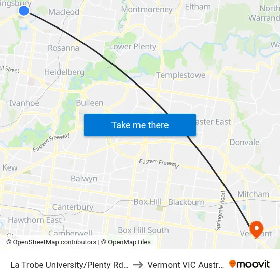 La Trobe University/Plenty Rd #60 to Vermont VIC Australia map