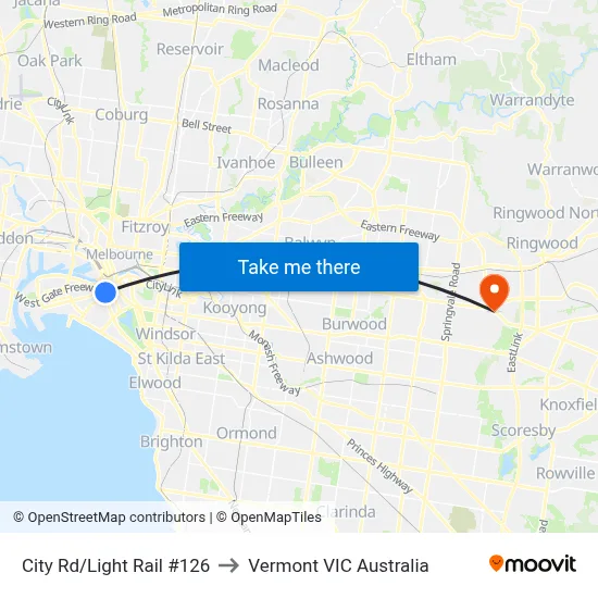 City Rd/Light Rail #126 to Vermont VIC Australia map