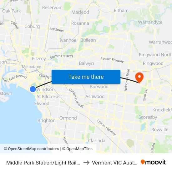 Middle Park Station/Light Rail #130 to Vermont VIC Australia map