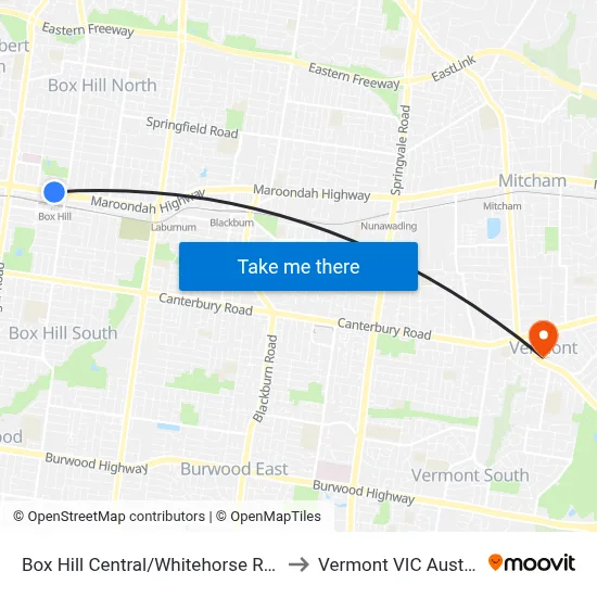 Box Hill Central/Whitehorse Rd #58 to Vermont VIC Australia map