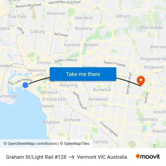 Graham St/Light Rail #128 to Vermont VIC Australia map