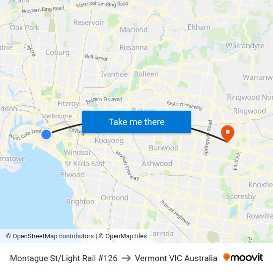 Montague St/Light Rail #126 to Vermont VIC Australia map