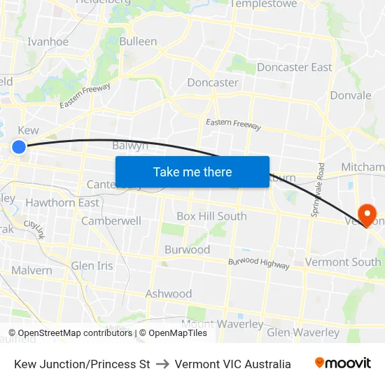 Kew Junction/Princess St to Vermont VIC Australia map
