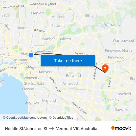 Hoddle St/Johnston St to Vermont VIC Australia map