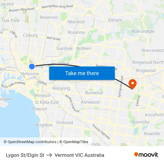 Lygon St/Elgin St to Vermont VIC Australia map