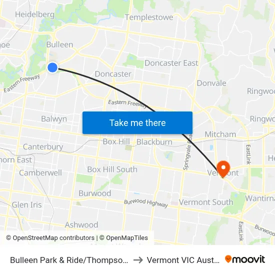 Bulleen Park & Ride/Thompsons Rd to Vermont VIC Australia map