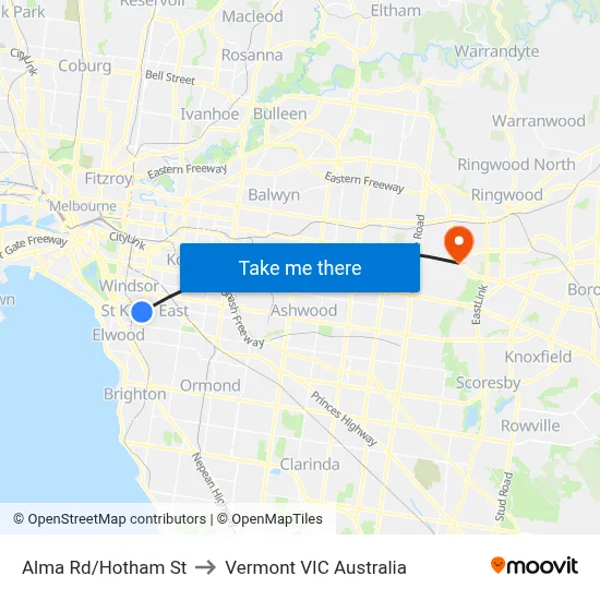 Alma Rd/Hotham St to Vermont VIC Australia map