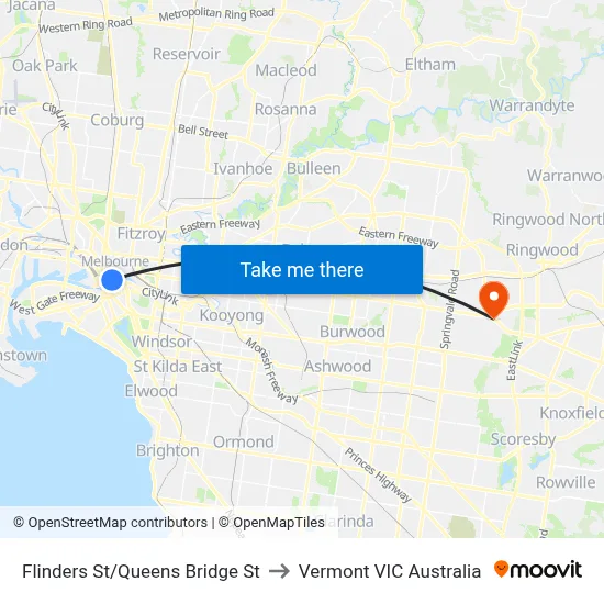 Flinders St/Queens Bridge St to Vermont VIC Australia map