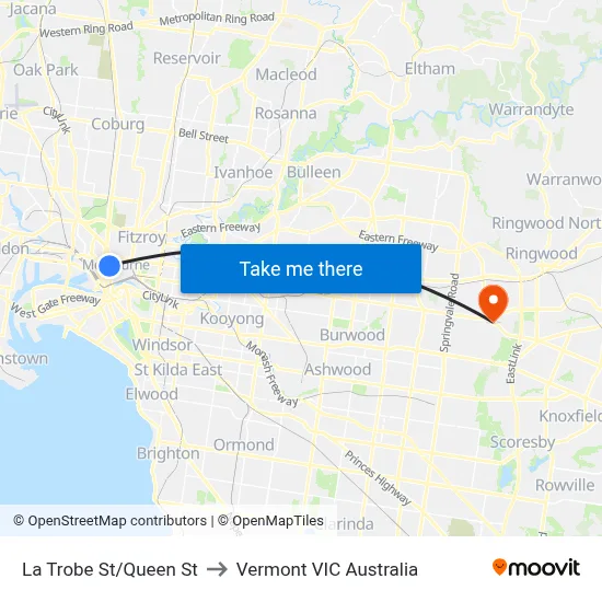 La Trobe St/Queen St to Vermont VIC Australia map