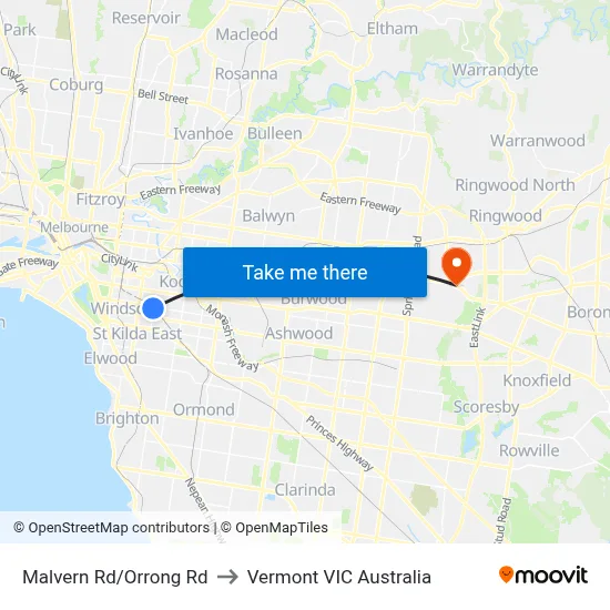 Malvern Rd/Orrong Rd to Vermont VIC Australia map
