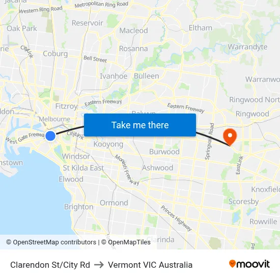 Clarendon St/City Rd to Vermont VIC Australia map