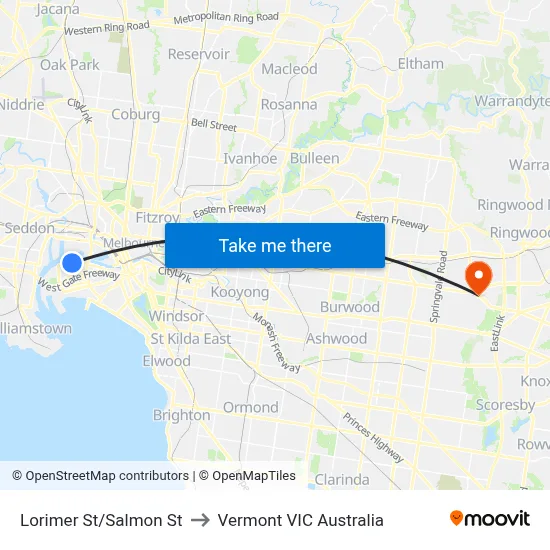 Lorimer St/Salmon St to Vermont VIC Australia map