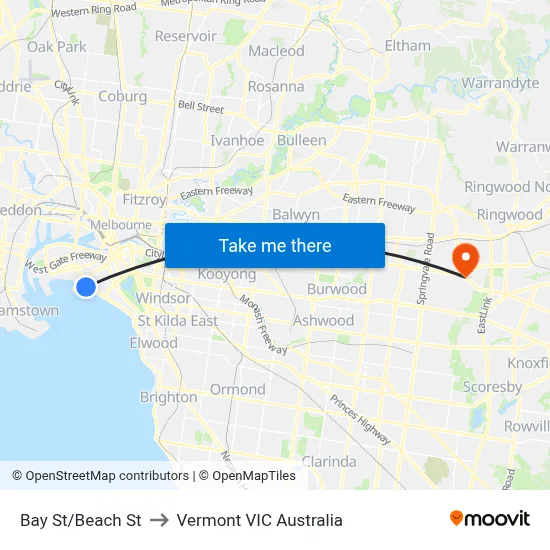 Bay St/Beach St to Vermont VIC Australia map