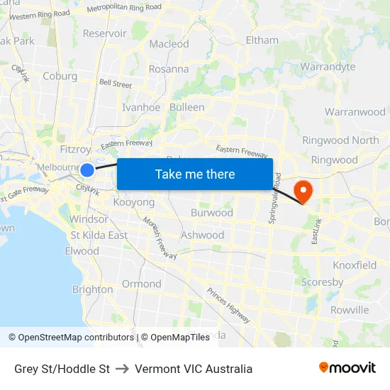 Grey St/Hoddle St to Vermont VIC Australia map