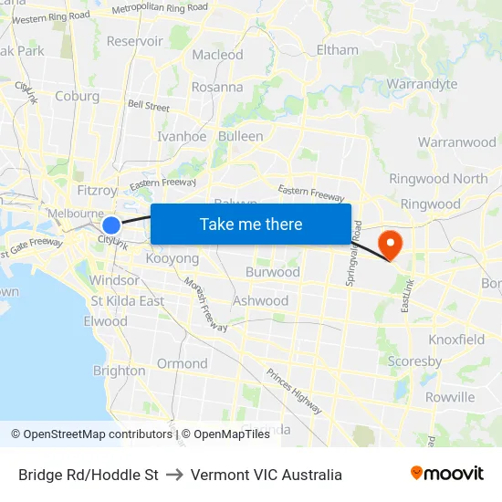 Bridge Rd/Hoddle St to Vermont VIC Australia map