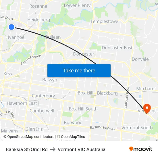 Banksia St/Oriel Rd to Vermont VIC Australia map