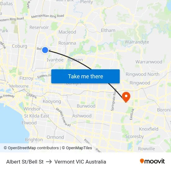 Albert St/Bell St to Vermont VIC Australia map