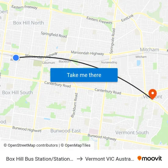 Box Hill Bus Station/Station St to Vermont VIC Australia map