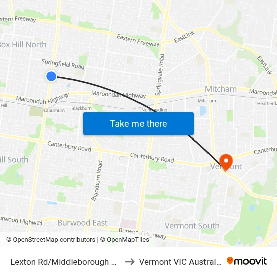 Lexton Rd/Middleborough Rd to Vermont VIC Australia map