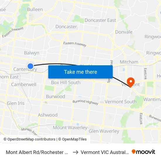 Mont Albert Rd/Rochester Rd to Vermont VIC Australia map