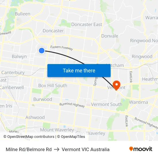 Milne Rd/Belmore Rd to Vermont VIC Australia map