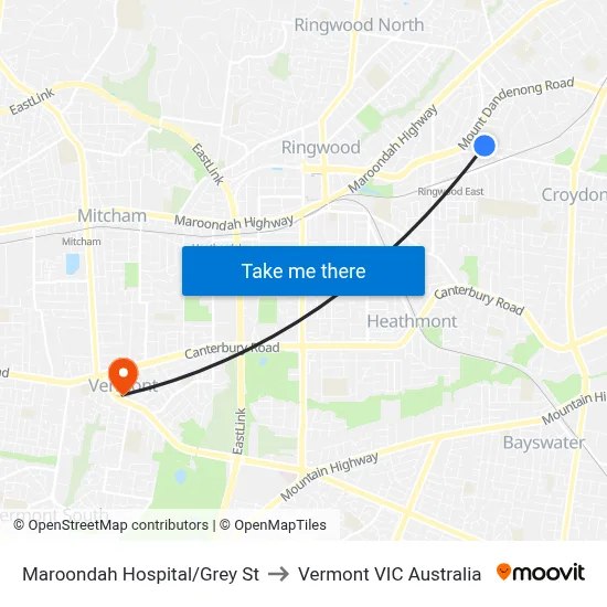 Maroondah Hospital/Grey St to Vermont VIC Australia map