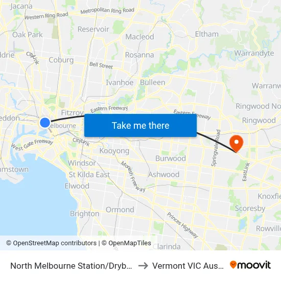North Melbourne Station/Dryburgh St to Vermont VIC Australia map