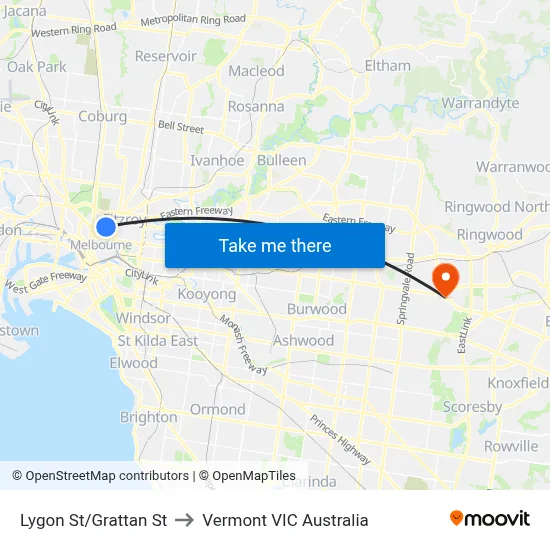 Lygon St/Grattan St to Vermont VIC Australia map