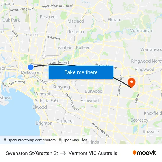 Swanston St/Grattan St to Vermont VIC Australia map