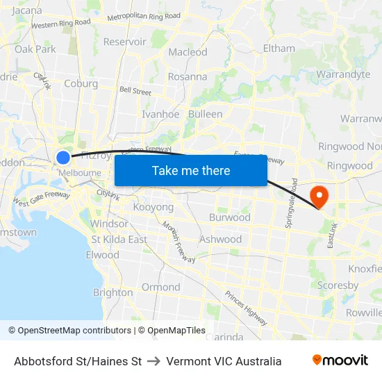 Abbotsford St/Haines St to Vermont VIC Australia map