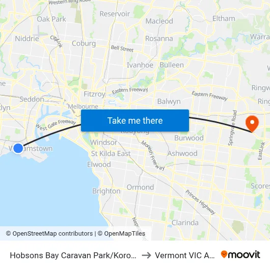 Hobsons Bay Caravan Park/Kororoit Creek Rd to Vermont VIC Australia map
