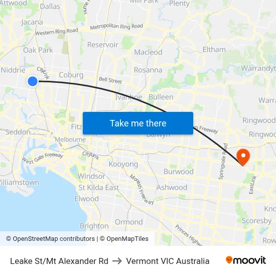 Leake St/Mt Alexander Rd to Vermont VIC Australia map