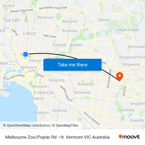 Melbourne Zoo/Poplar Rd to Vermont VIC Australia map