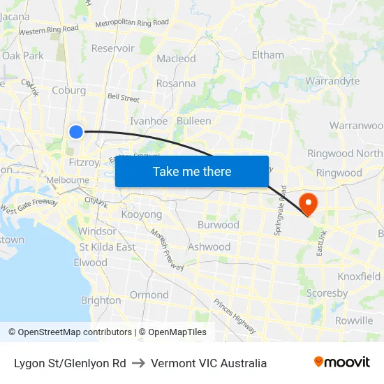 Lygon St/Glenlyon Rd to Vermont VIC Australia map