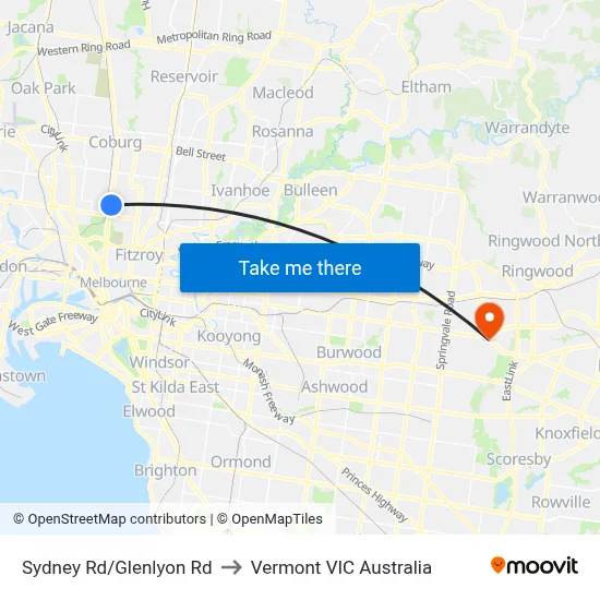 Sydney Rd/Glenlyon Rd to Vermont VIC Australia map