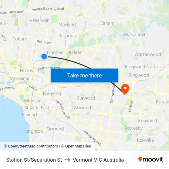Station St/Separation St to Vermont VIC Australia map