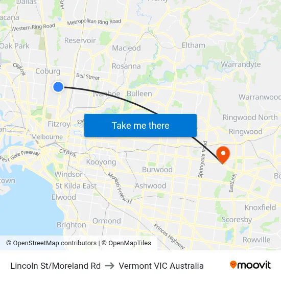 Lincoln St/Moreland Rd to Vermont VIC Australia map