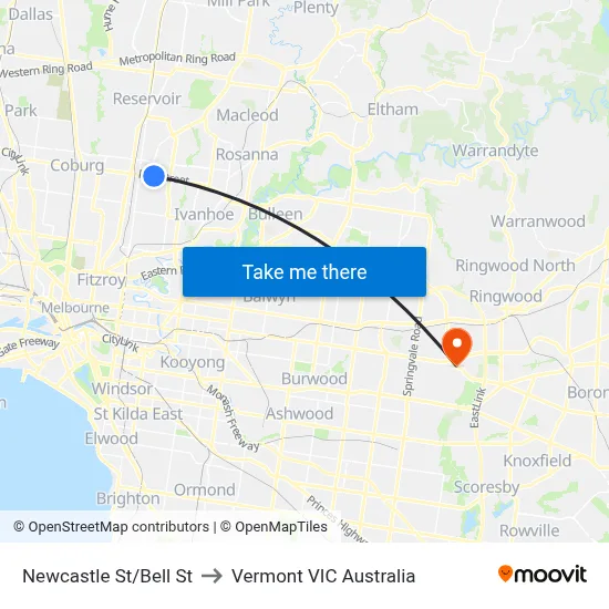 Newcastle St/Bell St to Vermont VIC Australia map